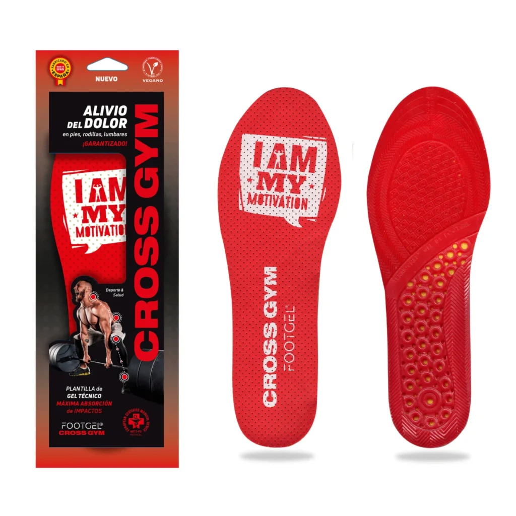 Footgel red Cross Gym packaging beside the red printed top and red gel underside
