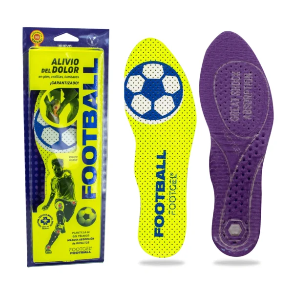 Footgel Football packaging beside the yellow football-print top and purple gel underside