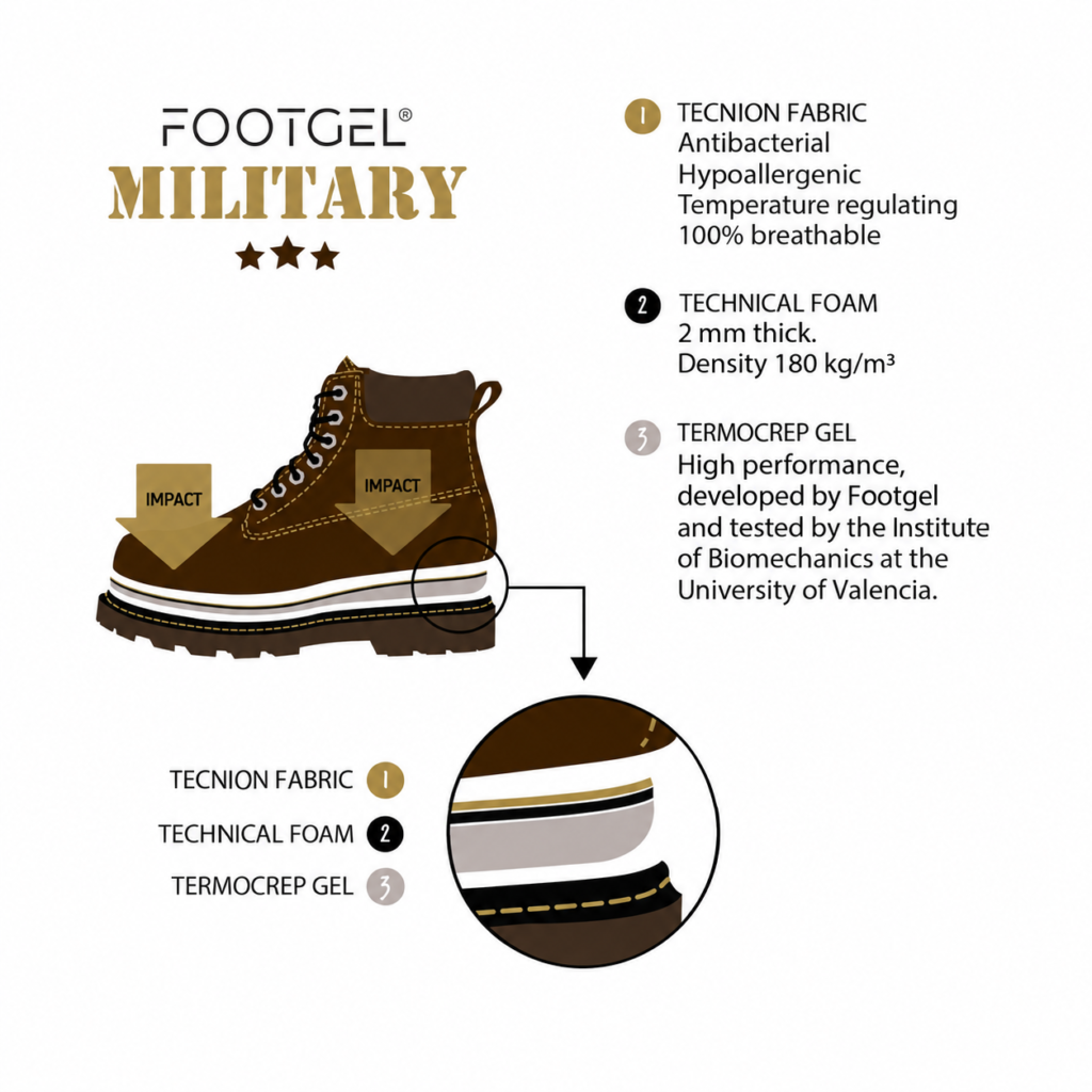 Footgel Military & Police cutaway showing Tecnion fabric, technical foam and Termocrep gel layers