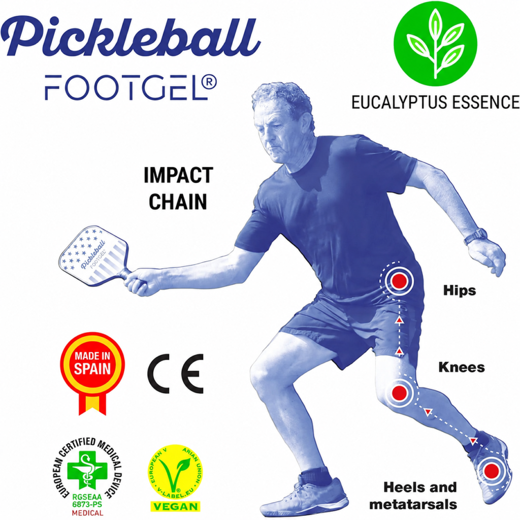 Footgel Pickleball impact-chain diagram identifying the hips, knees, heels and metatarsals