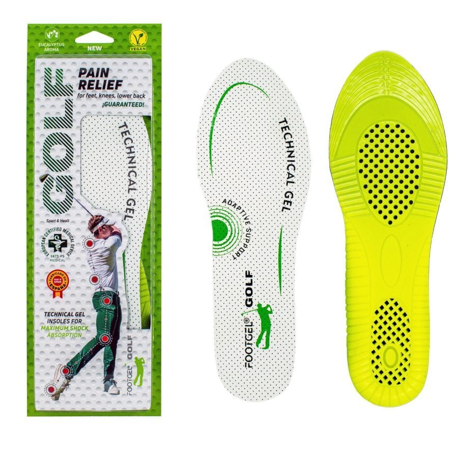 Footgel GOLF gel insoles, showing the fabric surface and gel cushioning