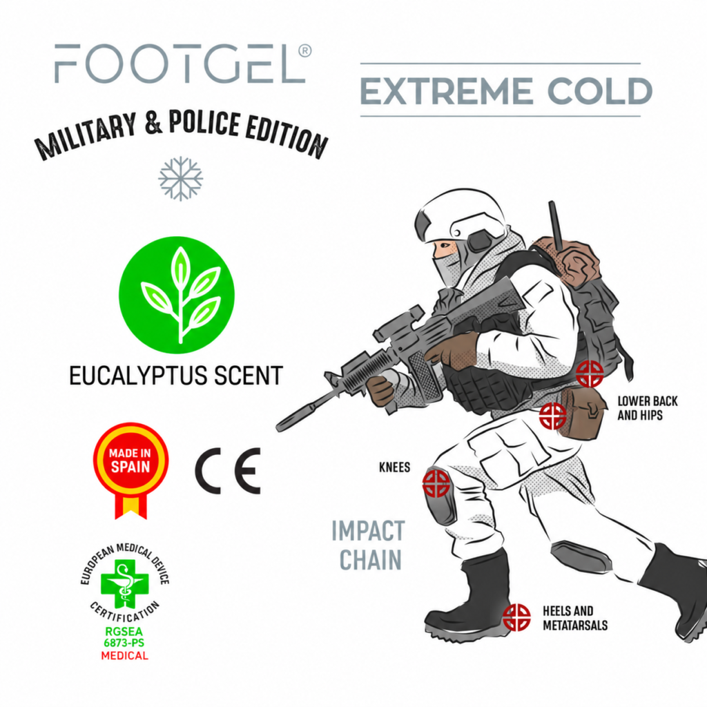 Footgel Military & Police Winter impact-chain diagram showing the joints and body areas identified by HQ