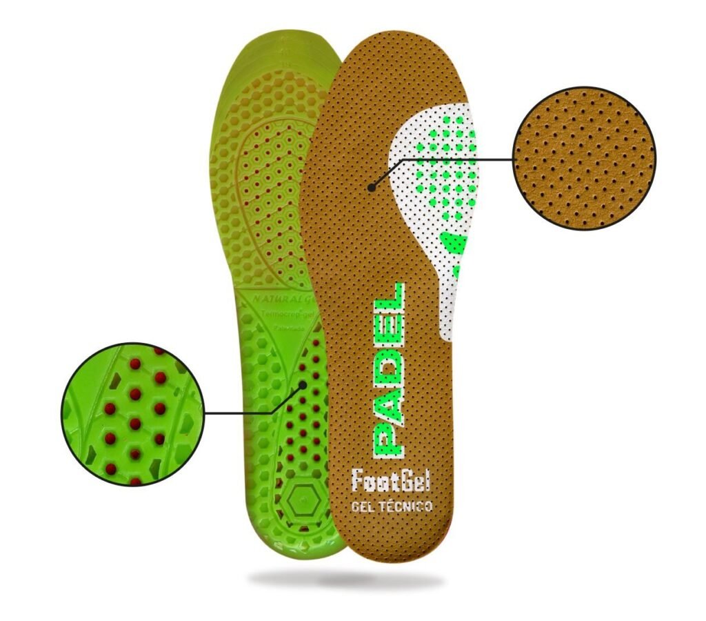 Footgel Padel Padel insoles with enlarged views of the microfibre and gel textures