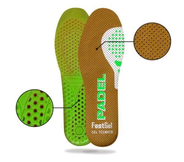 Footgel Padel Padel insoles with enlarged views of the microfibre and gel textures