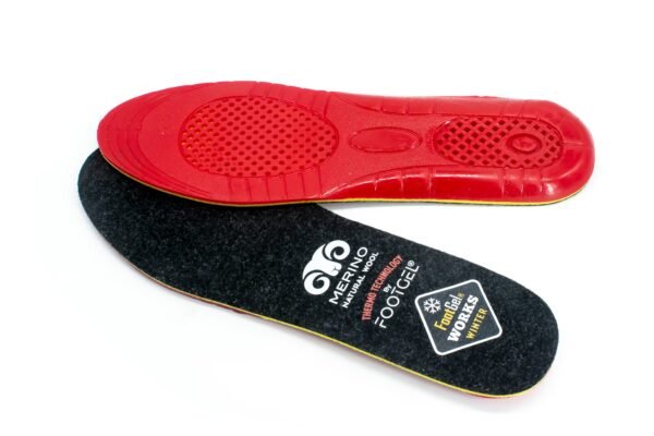 Footgel Works Winter red gel underside above the black merino wool surface