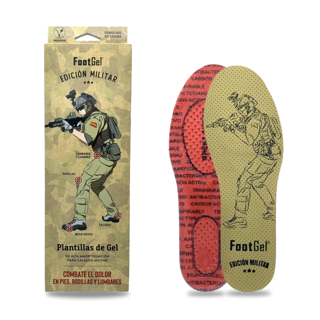 Footgel Military packaging beside an olive soldier-print top and red gel underside