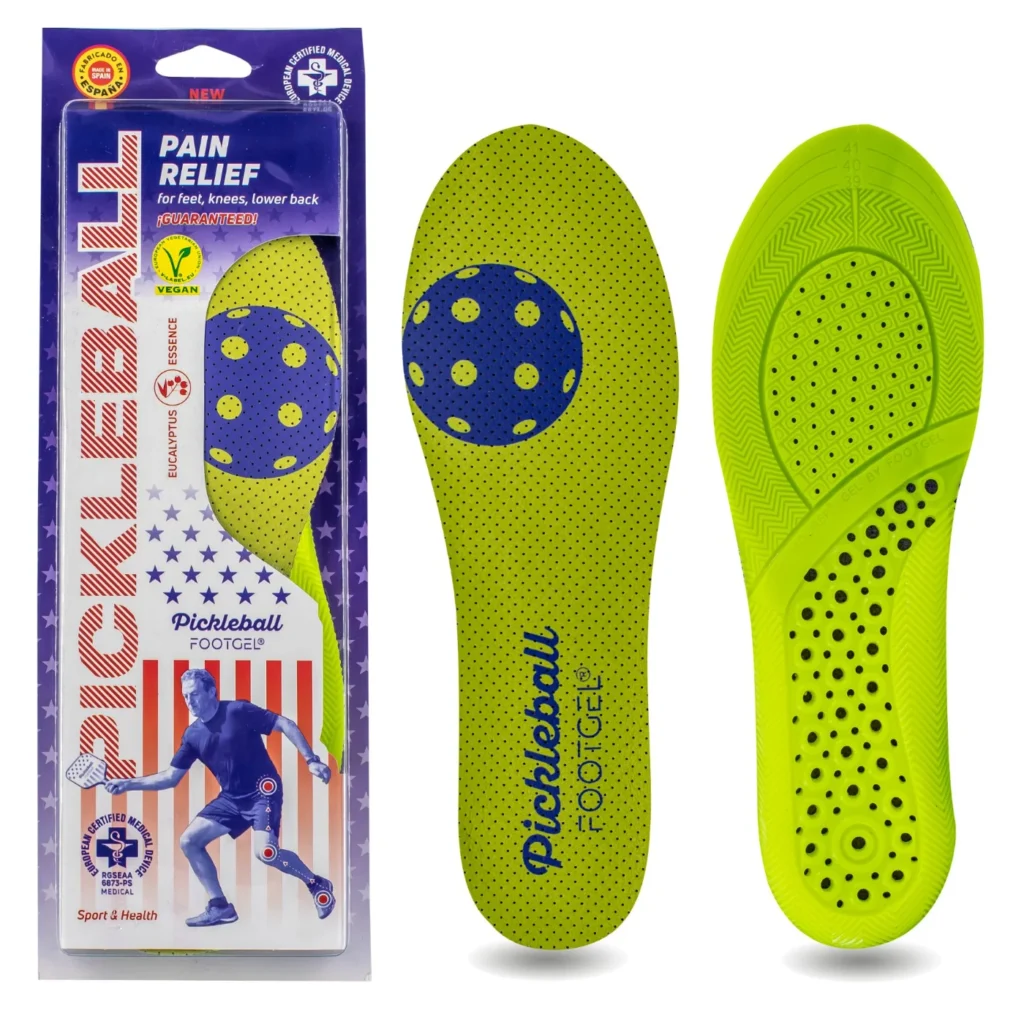 Footgel Pickleball packaging beside the yellow-and-blue top and lime-green gel underside