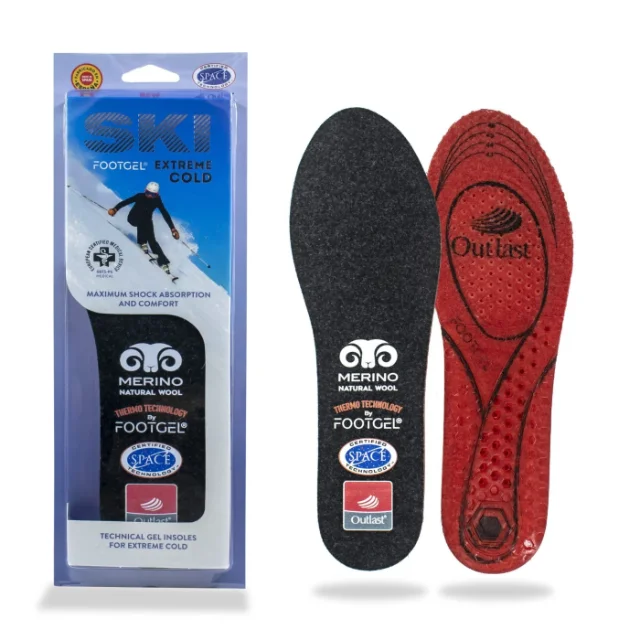Footgel Ski gel insoles, showing the fabric surface and gel cushioning
