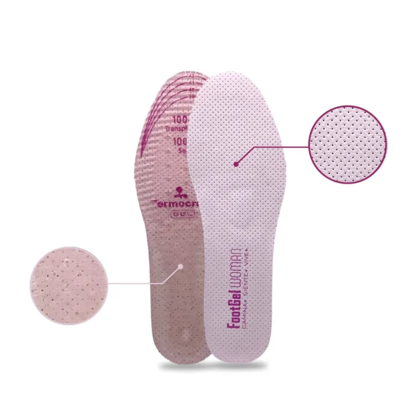 Footgel pale-pink microfibre and gel insoles with enlarged views of both surface textures