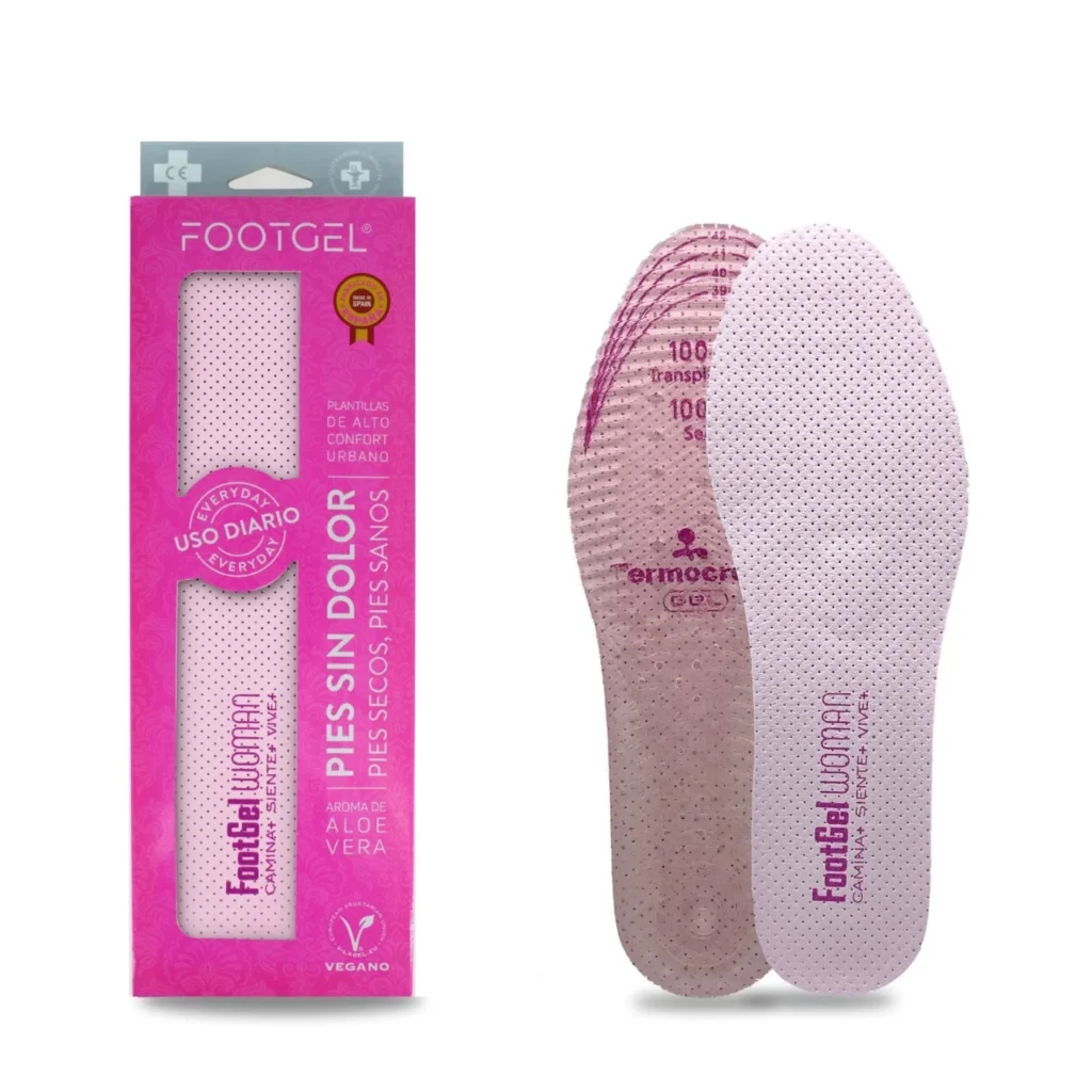 Footgel pink Daily Use Women packaging beside the pale-pink microfibre top and gel underside