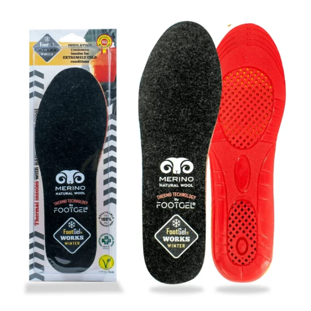 Footgel Works Winter gel insoles, showing the fabric surface and gel cushioning